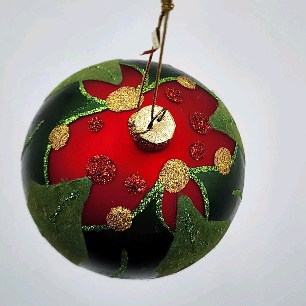 Vintage Hand Painted Teardrop Glass Ornament Red Textured with Holly Leaves Cute - Picture 4 of 6